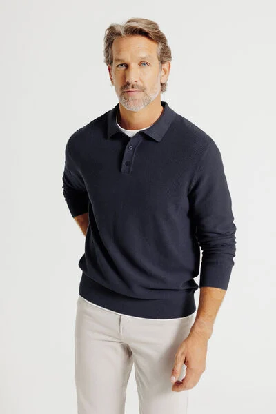 Polo en maille col boutonn&eacute; jeux de points